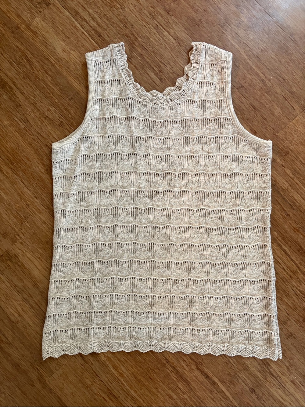 Vintage Open Knit Sweater Tank Top 1X | Beige Crochet Boho Sleeveless Top